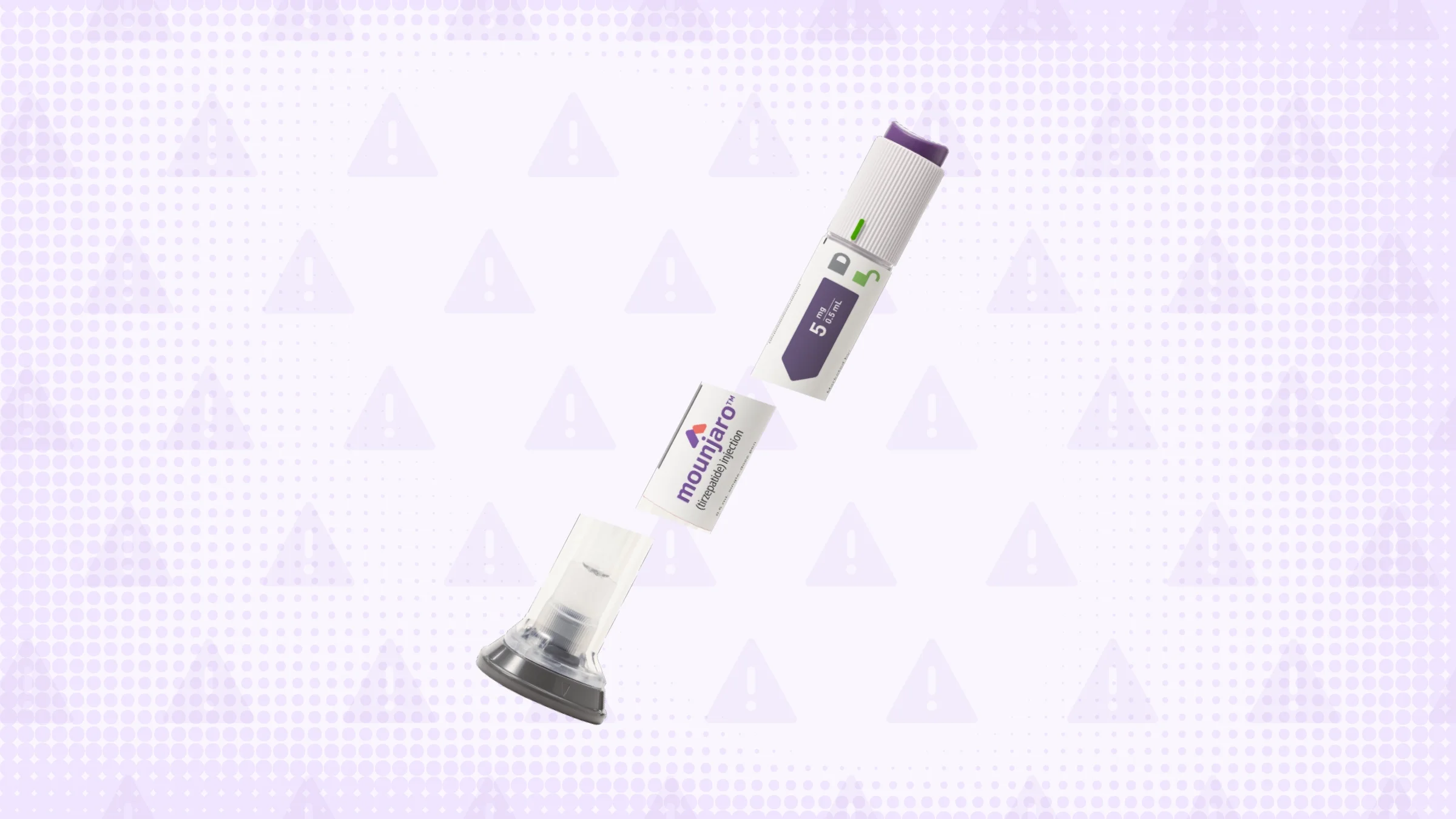 Light purple background with halftone texture and warning sign pattern. In the center is a Mounjaro injection pen cut into thirds.