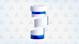 Light blue background with overlayed warning sign pattern in darker blue. In the center is a blue and white prescription pill bottle that is cut up into three sections.
GoodRx Health