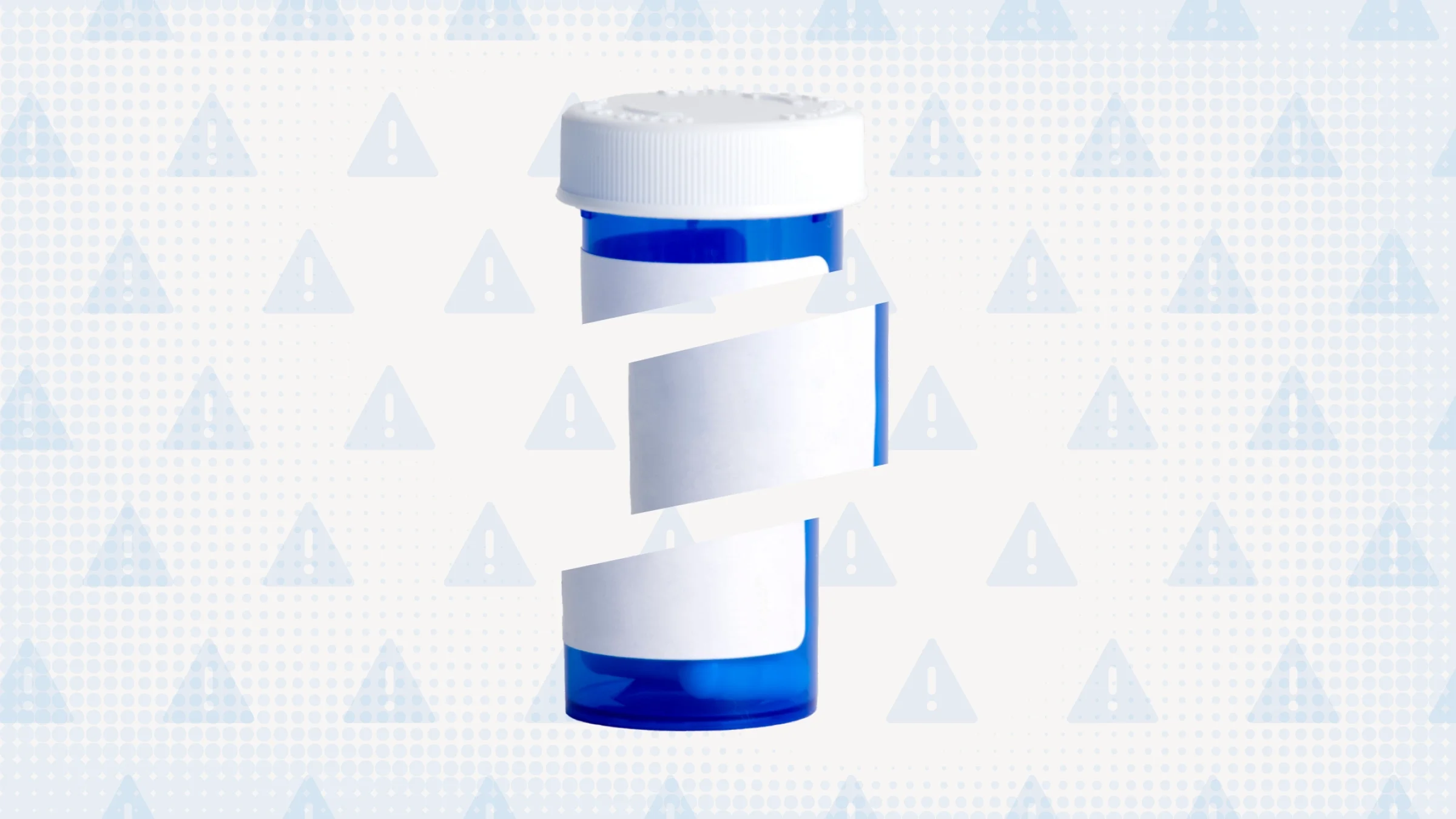 Light blue background with overlayed warning sign pattern in darker blue. In the center is a blue and white prescription pill bottle that is cut up into three sections.