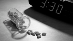 Black-and-white image of pills spilling out of a clear pill bottle next to an alarm clock reading 3:30.
EasyBuy4u/E+ via Getty Images
