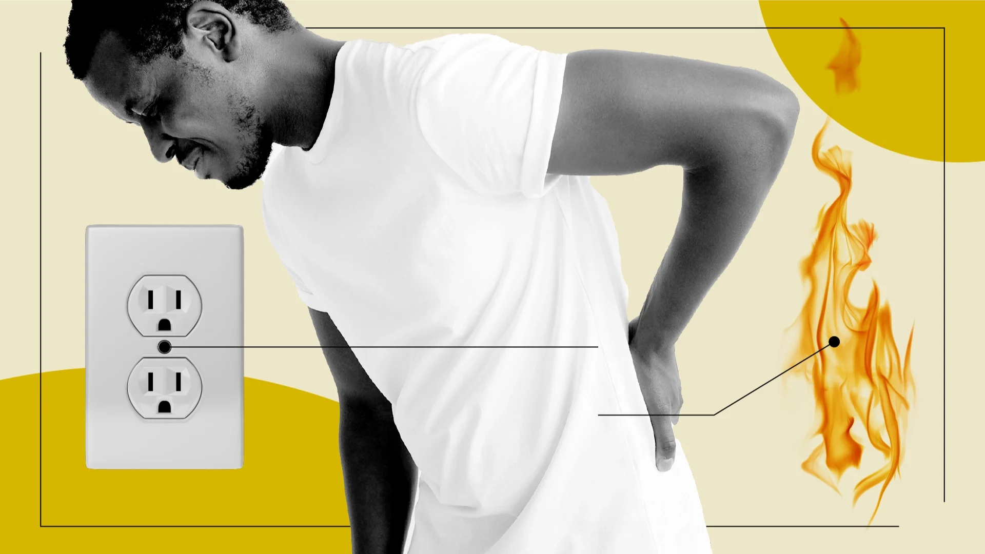 Custom graphic illustrating what a slipped disc feels like. Black-and-white photo of a man holding his lower back in pain, with lines pointing to an electrical outlet and a flame.