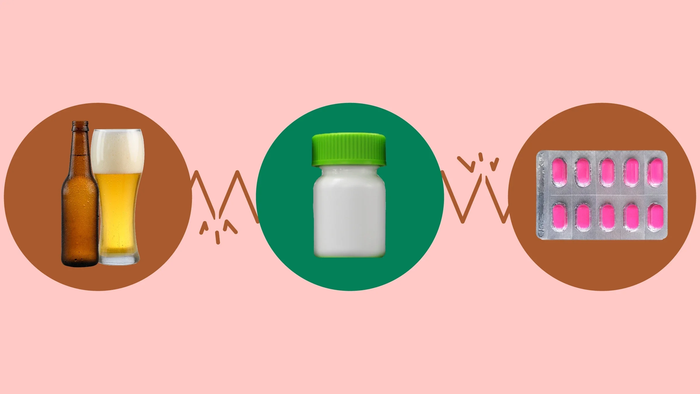 Light-red background with three circles across the frame. In the center, on a green circle, is a small white pill bottle with a green cap. On the left, on a red circle, is a bottle and a glass of beer. On the right, on a red circle, is a blister pack of pink pills.