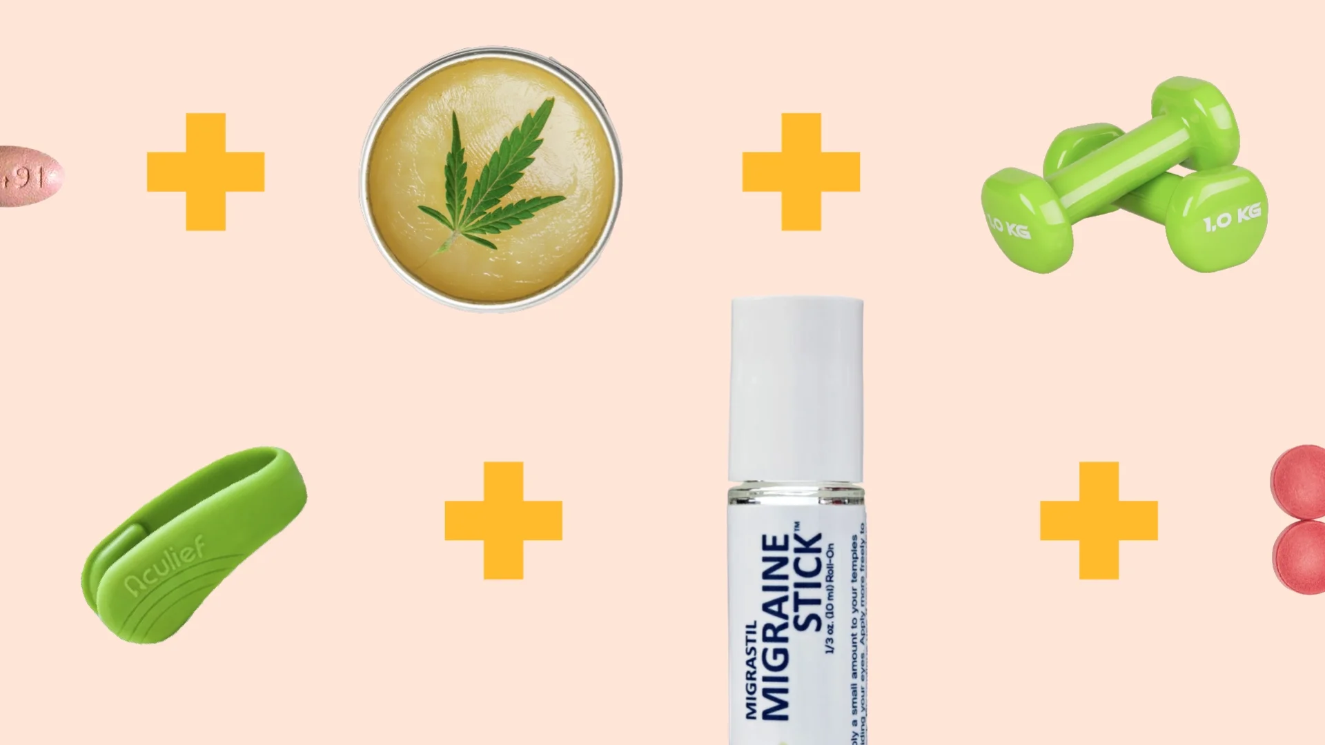 Custom made graphic with items that help relief migraine symptoms lined up. There are graphic yellow plus signs in between each item on screen.