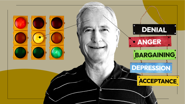 Tan background with a black-and-white cutout of an older man smiling. Off of him are diagram lines pointing to objects representing the adjustment to having a prosthetic leg. On the left are three stoplights lit up differently. On the right is a hanging sign spelling out the stages of grief: “denial, anger, bargaining, depression, acceptance.”