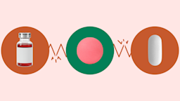 Light red background with three circles across the frame. In the center, on a green circle, is a round reddish pill. On the left, on a red circle, is a medication vial with red liquid. On the right, on a red circle, is a white oblong pill.
GoodRx Health