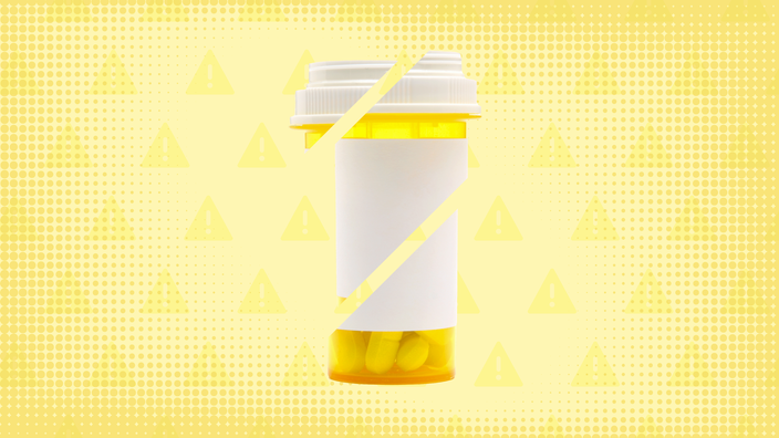 Bright yellow background with texture and warning sign pattern. In the center is a yellow prescription bottle cut into thirds. 
