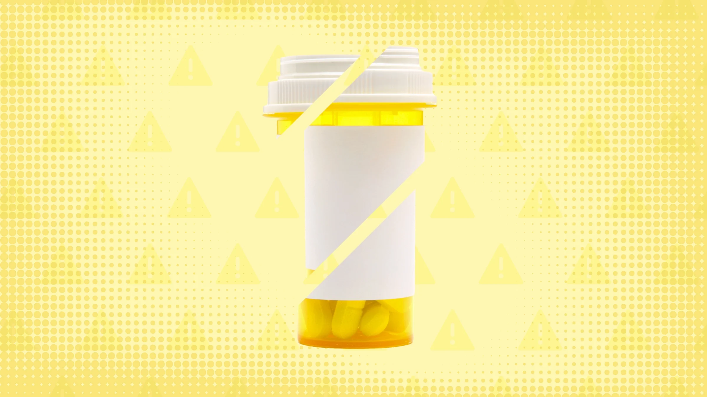 Bright yellow background with texture and warning sign pattern. In the center is a yellow prescription bottle cut into thirds. 