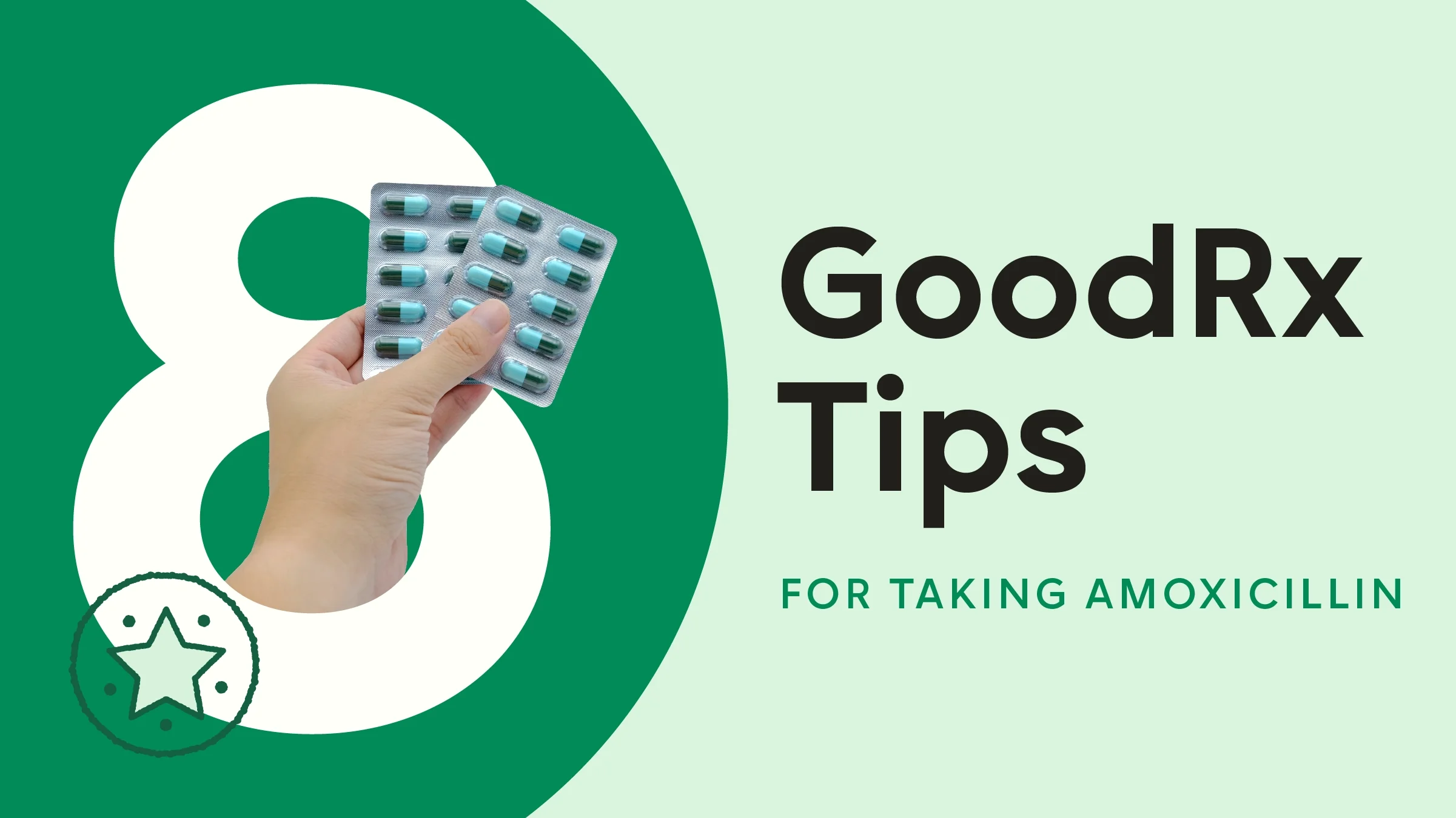 Light green background with a dark green half circle on the left-hand side. The text reads “8 GoodRx Tips for Taking Amoxicillin.” There is a hand holding blister packs of pills coming out from the number eight.