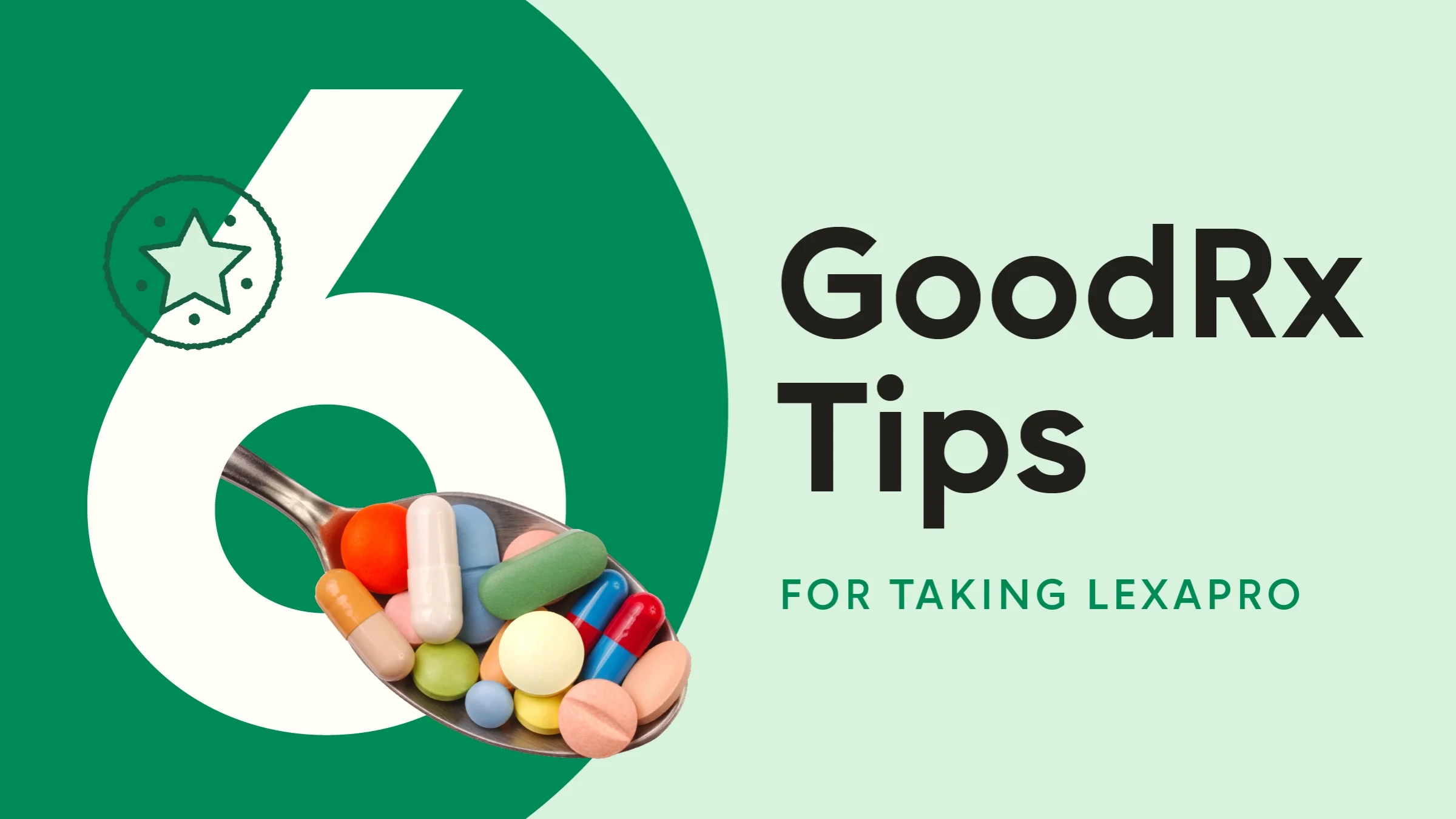 Light green background with dark green half circle on the left side. The text reads: “6 GoodRx Tips for Taking Lexapro.” Coming out from the number six is a spoon with a mix of pills.