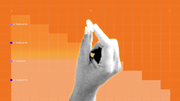 A graphic includes an orange graph-paper background and a black-and-white cutout of a hand holding a single oblong pill. 
GoodRx Health