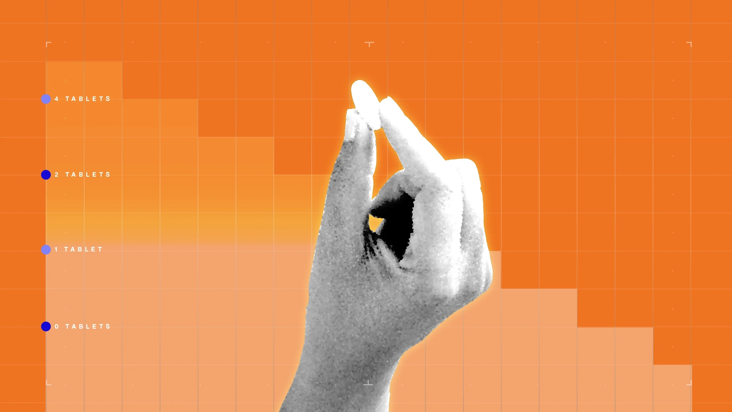 A graphic includes an orange graph-paper background and a black-and-white cutout of a hand holding a single oblong pill. 