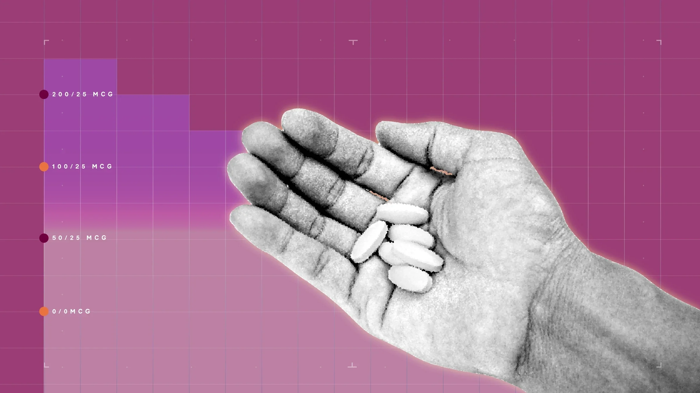 In the center of a purple-pink background with graph paper texture and representational step graph is a black and white cutout of a hand holding a pile of pills.
GoodRx Health