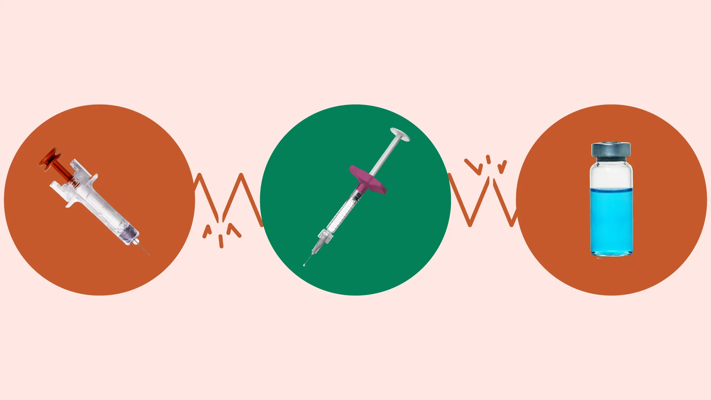 Light red background with three circles across the frame. In the center, on a green circle, is a purple accented syringe. On the left, on a red circle, is a red accented syringe. On the right, on a red circle, is a medication vial with blue liquid. 
GoodRx Health