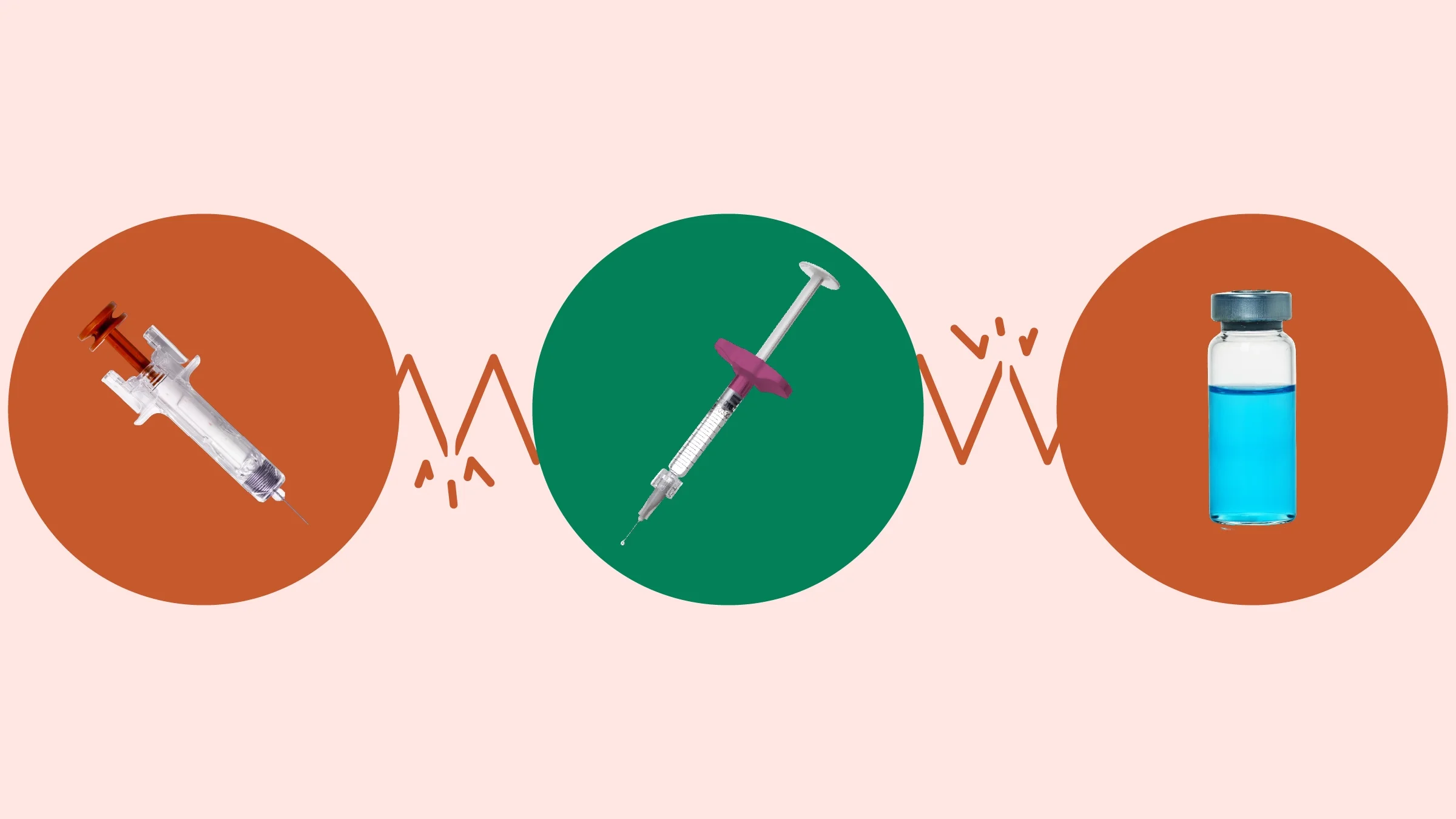 Light red background with three circles across the frame. In the center, on a green circle, is a purple accented syringe. On the left, on a red circle, is a red accented syringe. On the right, on a red circle, is a medication vial with blue liquid.