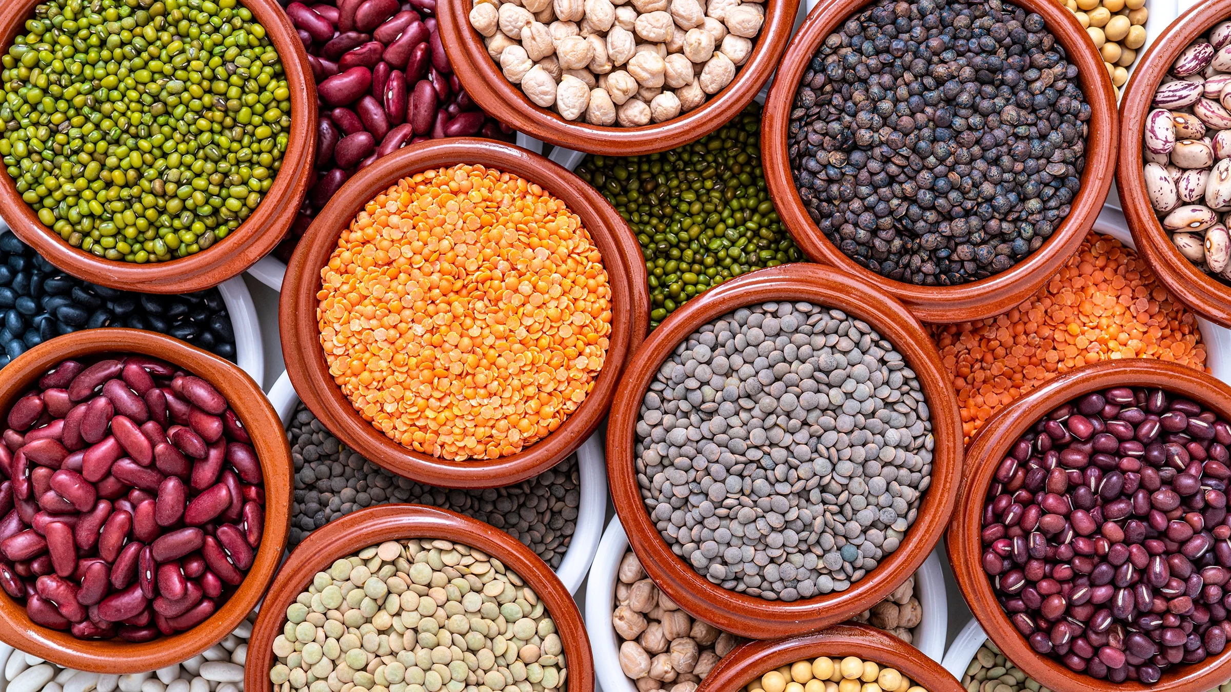 Overhead view of dried legumes and assorted beans in bowls