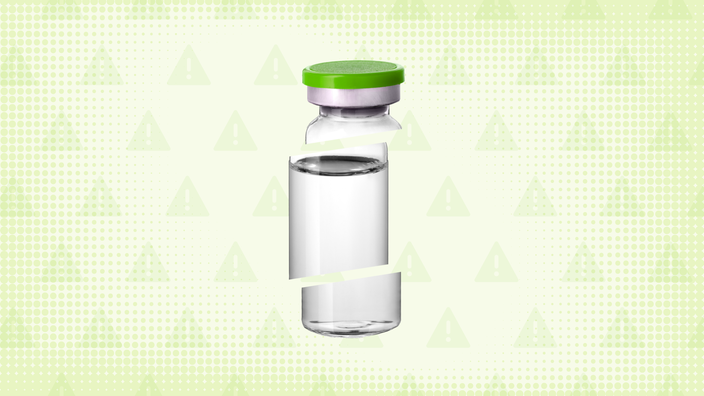 Neon green background with texture and warning sign pattern. In the center is a medication vial with a green top cut into thirds.