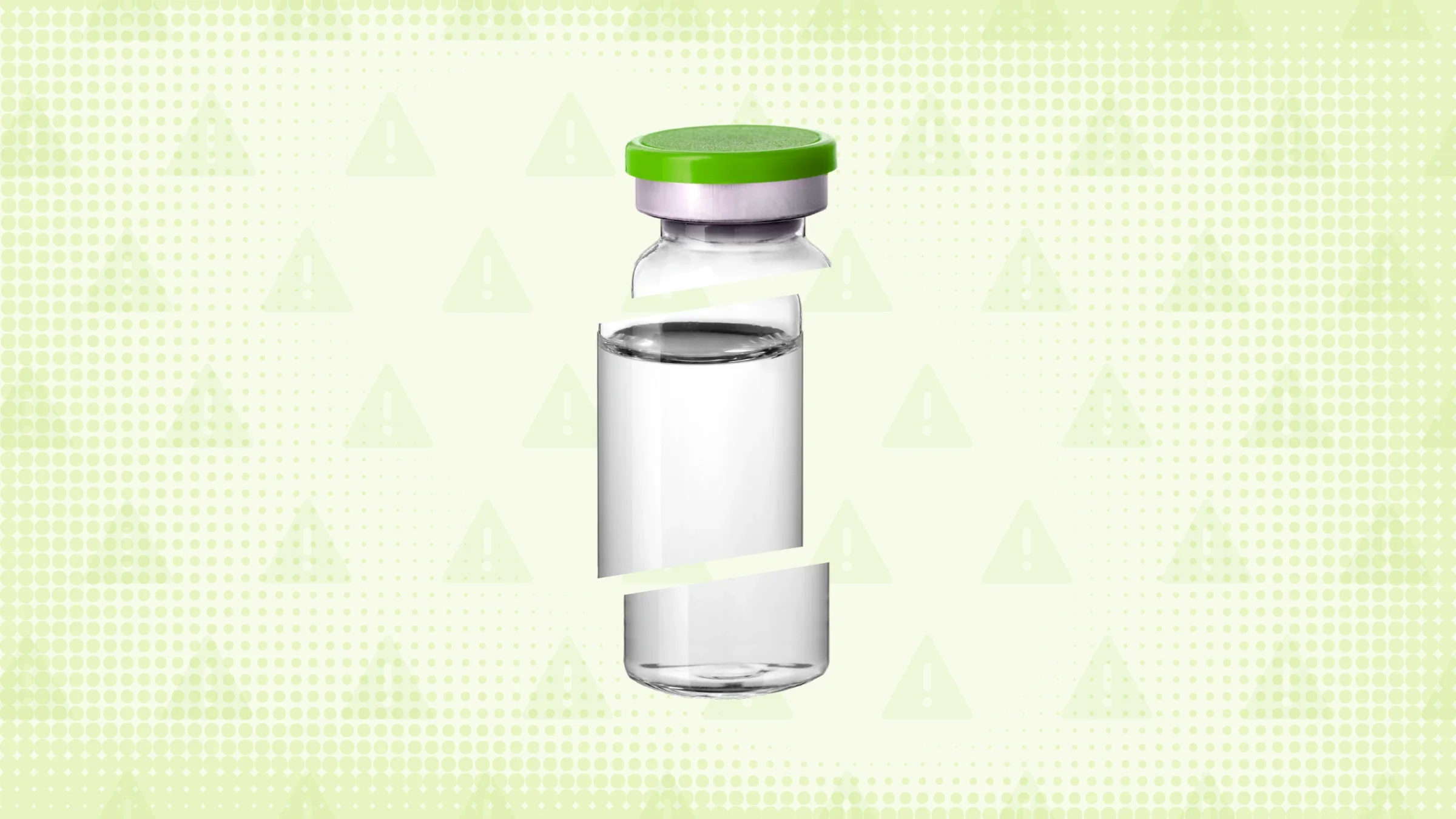 Neon green background with texture and warning sign pattern. In the center is a medication vial with a green top cut into thirds.
GoodRx Health