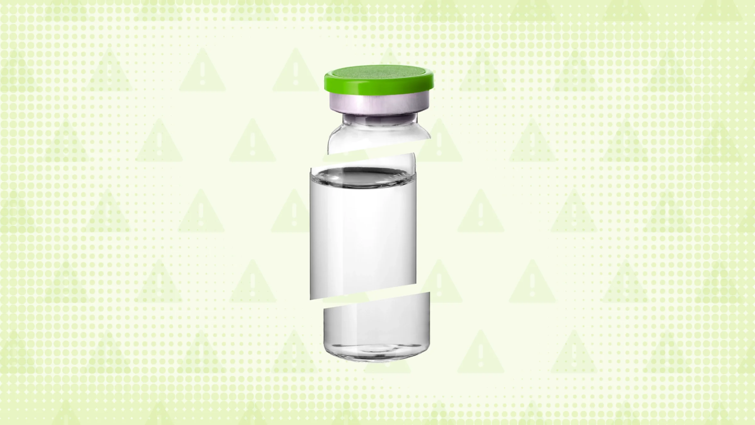 Neon green background with texture and warning sign pattern. In the center is a medication vial with a green top cut into thirds.