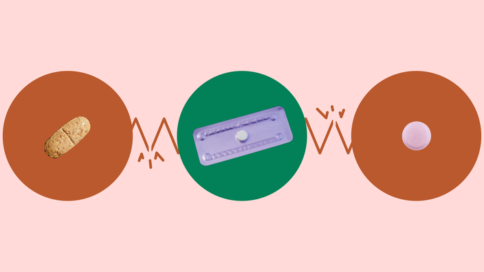 A custom graphic shows what drugs interact with Plan B. In the center, on a green circle, is a single pill in a purple blister pack. On the left, on a red circle, is a brown supplement pill. On the right, on a red circle, is a round light pink pill. 