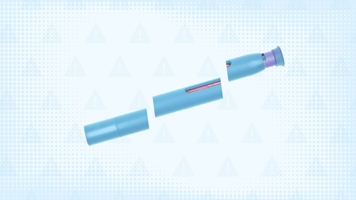 Light blue background with halftone texture and warning sign pattern. In the center of the graphic is a blue injector pen cut into thirds.