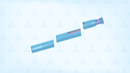 Light blue background with halftone texture and warning sign pattern. In the center of the graphic is a blue injector pen cut into thirds.
GoodRx Health