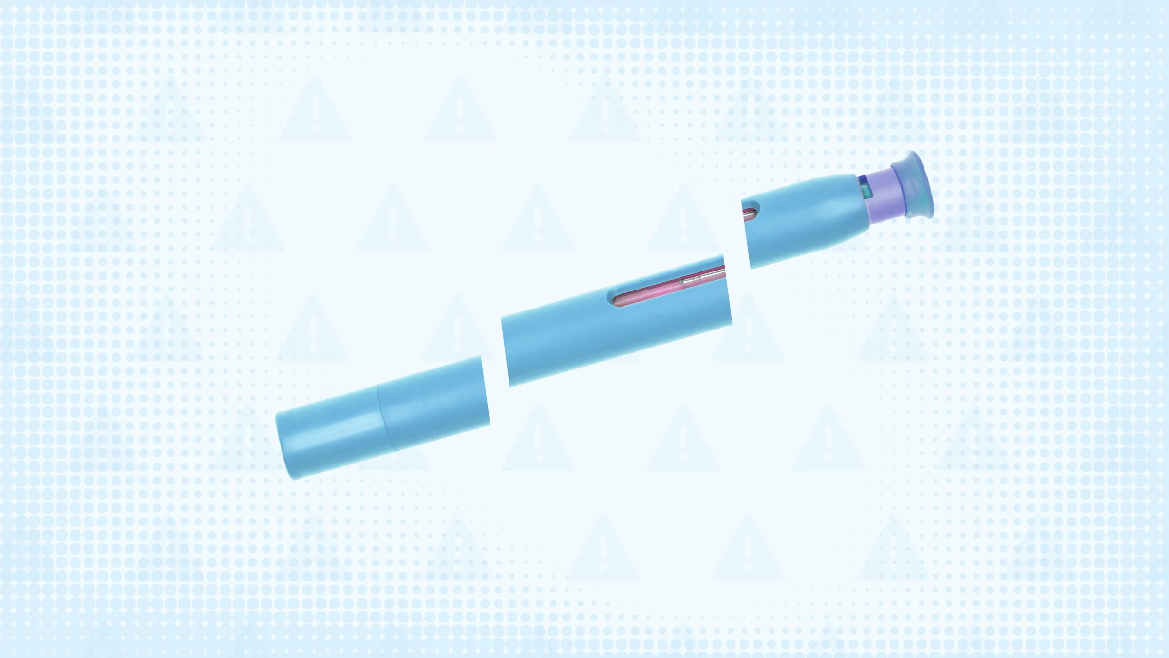Light blue background with halftone texture and warning sign pattern. In the center of the graphic is a blue injector pen cut into thirds.