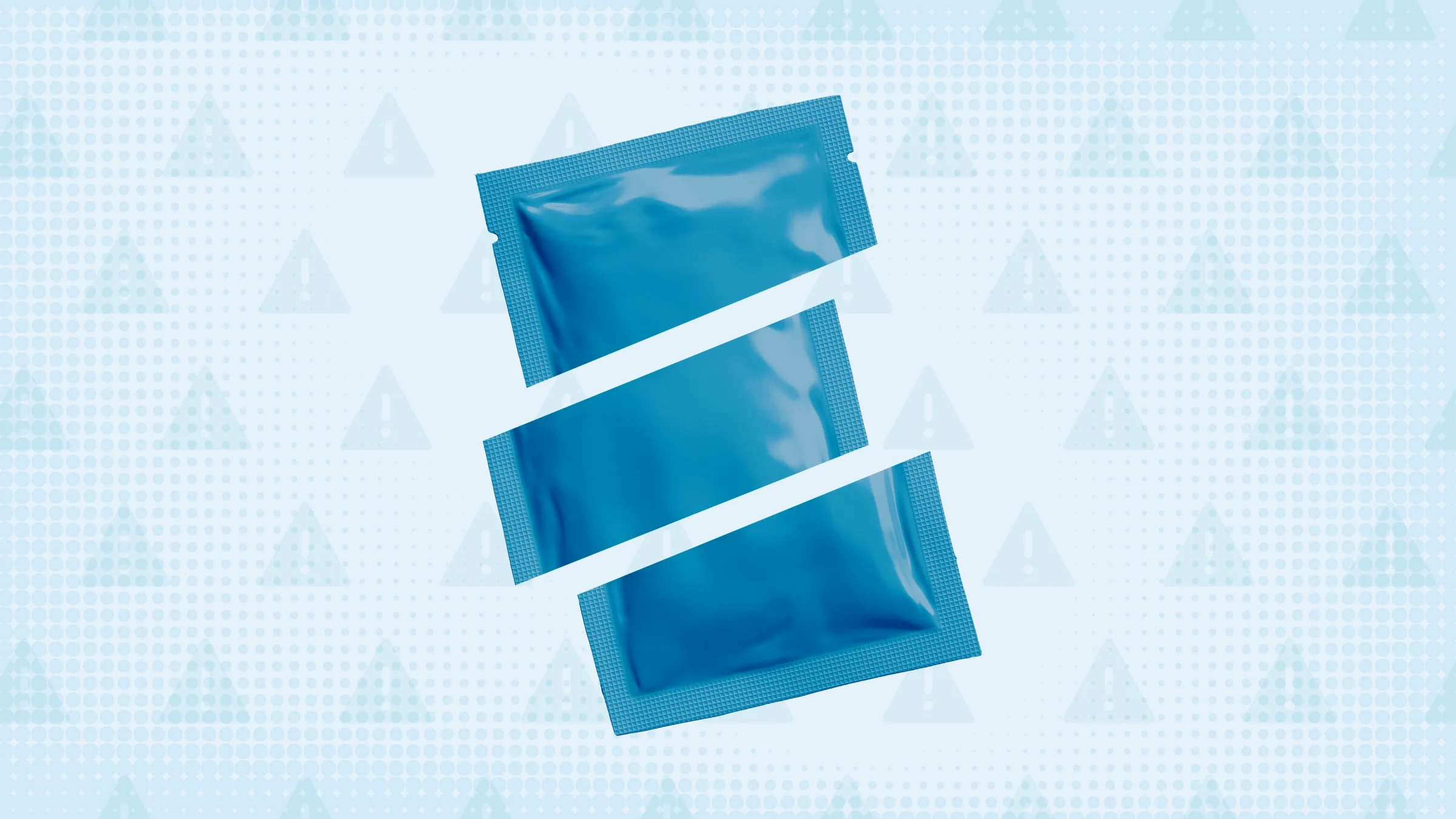 A custom graphic includes a blue background with a warning sign pattern and blue powder packet cut into thirds.