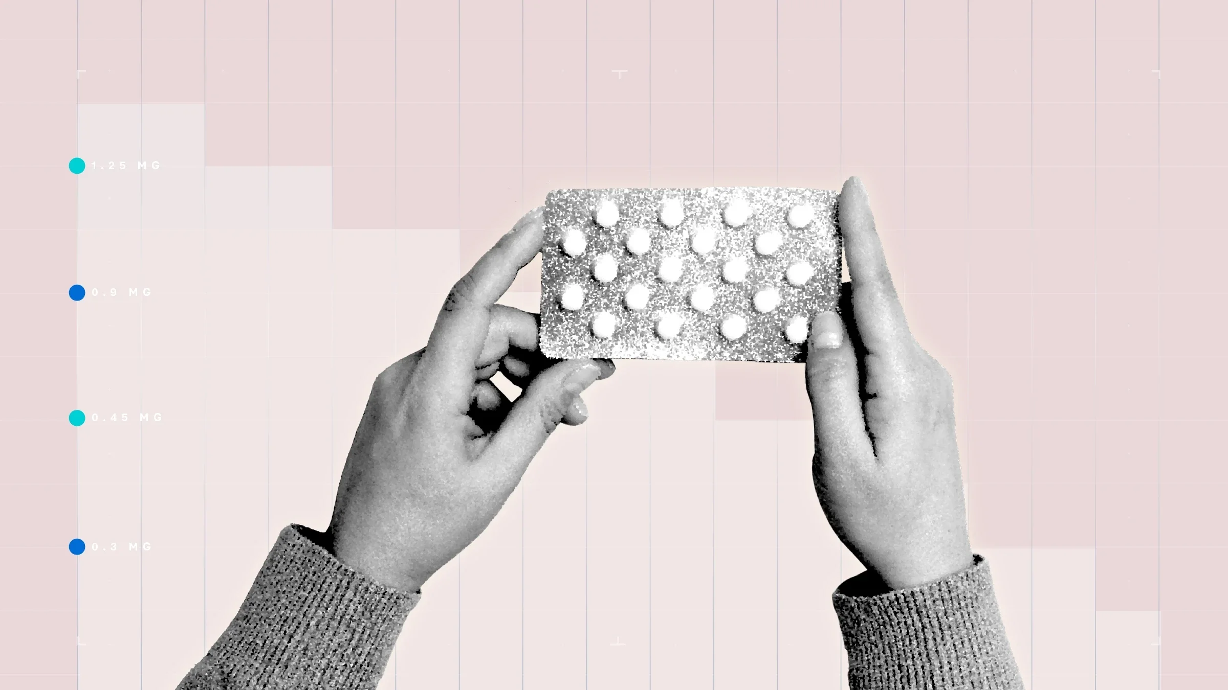 A black-and-white cutout of hands holding a blister pack is pictured against a light-pink graph-paper background. 