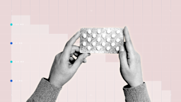 A black-and-white cutout of hands holding a blister pack is pictured against a light-pink graph-paper background. 
GoodRx Health