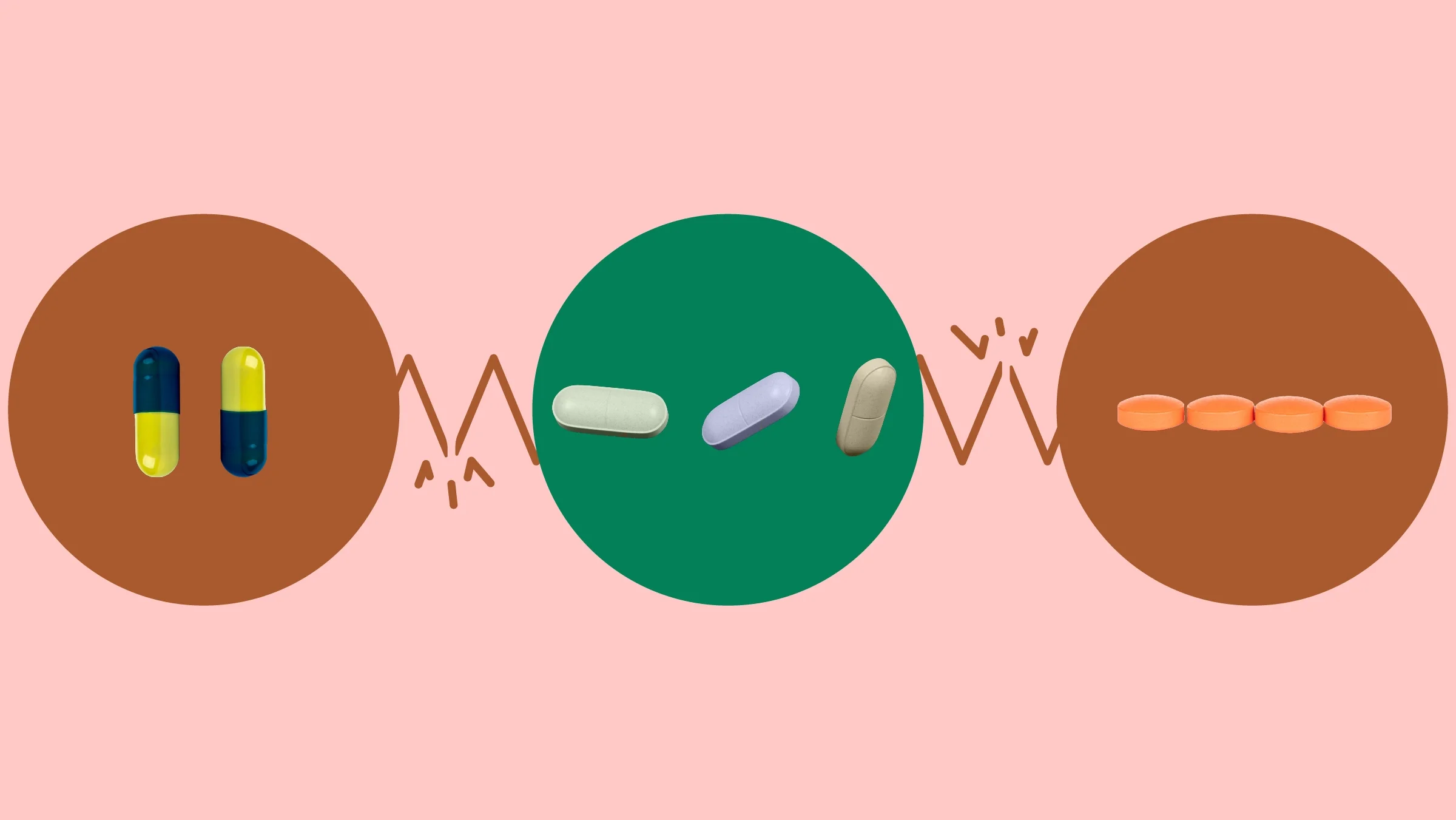 The image shows a light red background with three circles across the frame. In the center, on a green circle, are three pastel colored oblong pills. On the left, on a red circle, are two blue and green capsule pills. On the right, on a red circle, is a line of round orange pills.