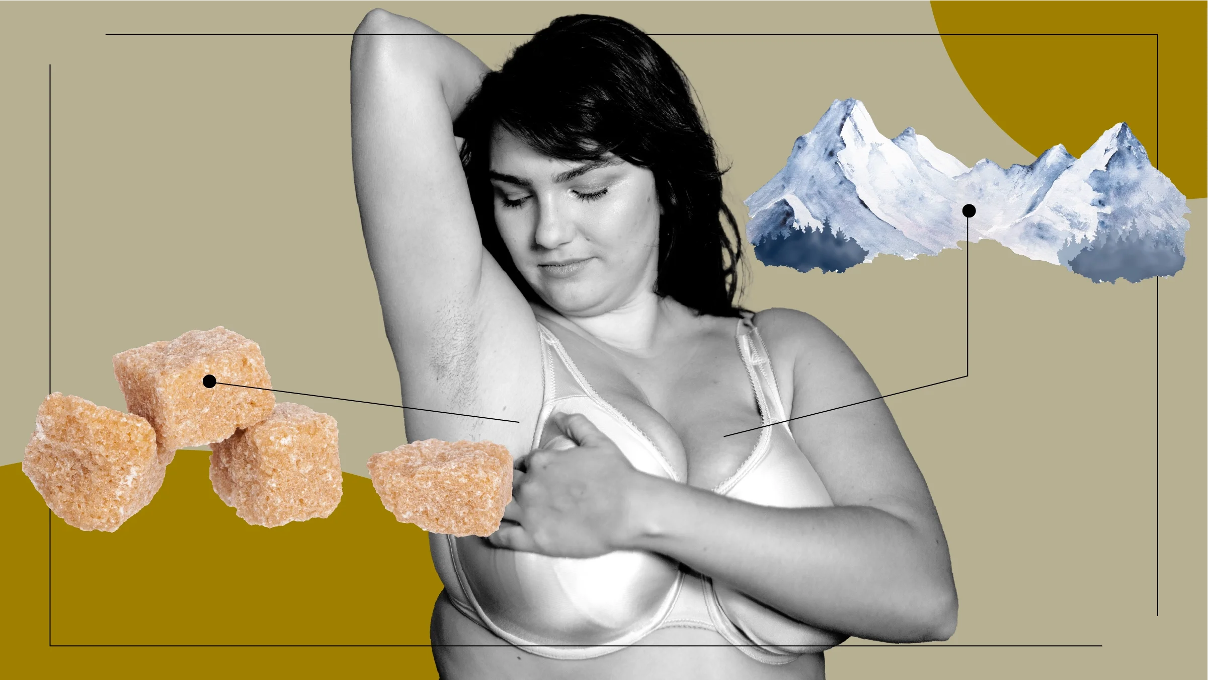 Tan background with a black-and-white image of a woman doing a breast self-exam. Off of her are diagram lines pointing to items representing breast cancer testing. On the left are lumps of sugar. On the right is a watercolor of mountains. 