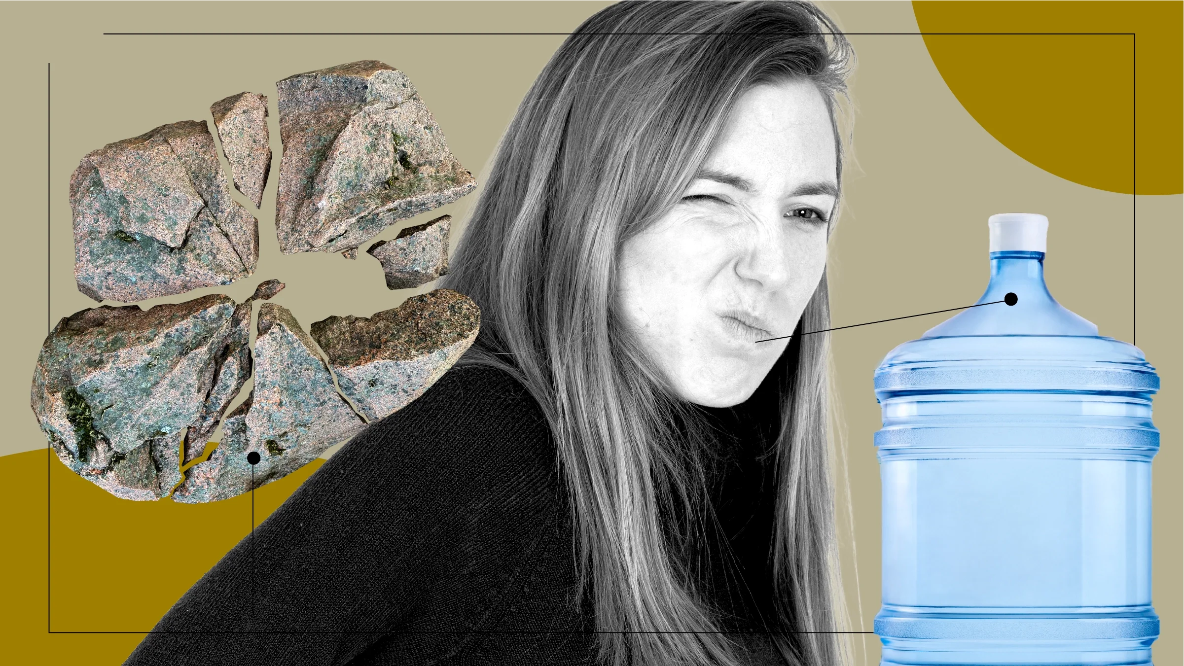 Tan background with a black-and-white cutout of a woman wincing in pain. Off of her are diagram lines pointing to objects representing kidney stones. On the left is a rock smashed into shards. On the right is a large blue 5-gallon water bottle.   