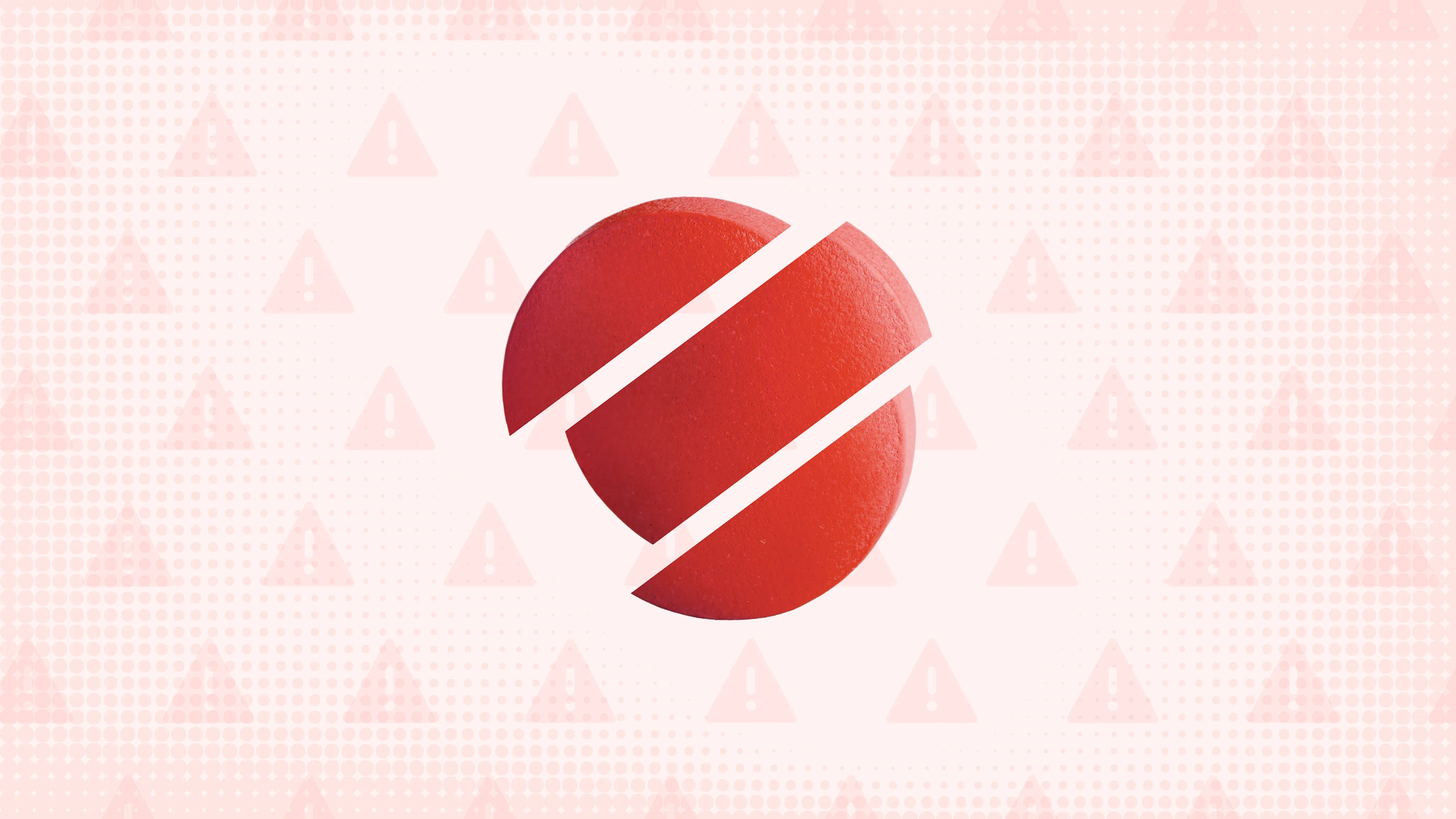 Light red background with halftone texture and warning sign pattern. In the center is a round red pill cut into thirds. 
GoodRx Health