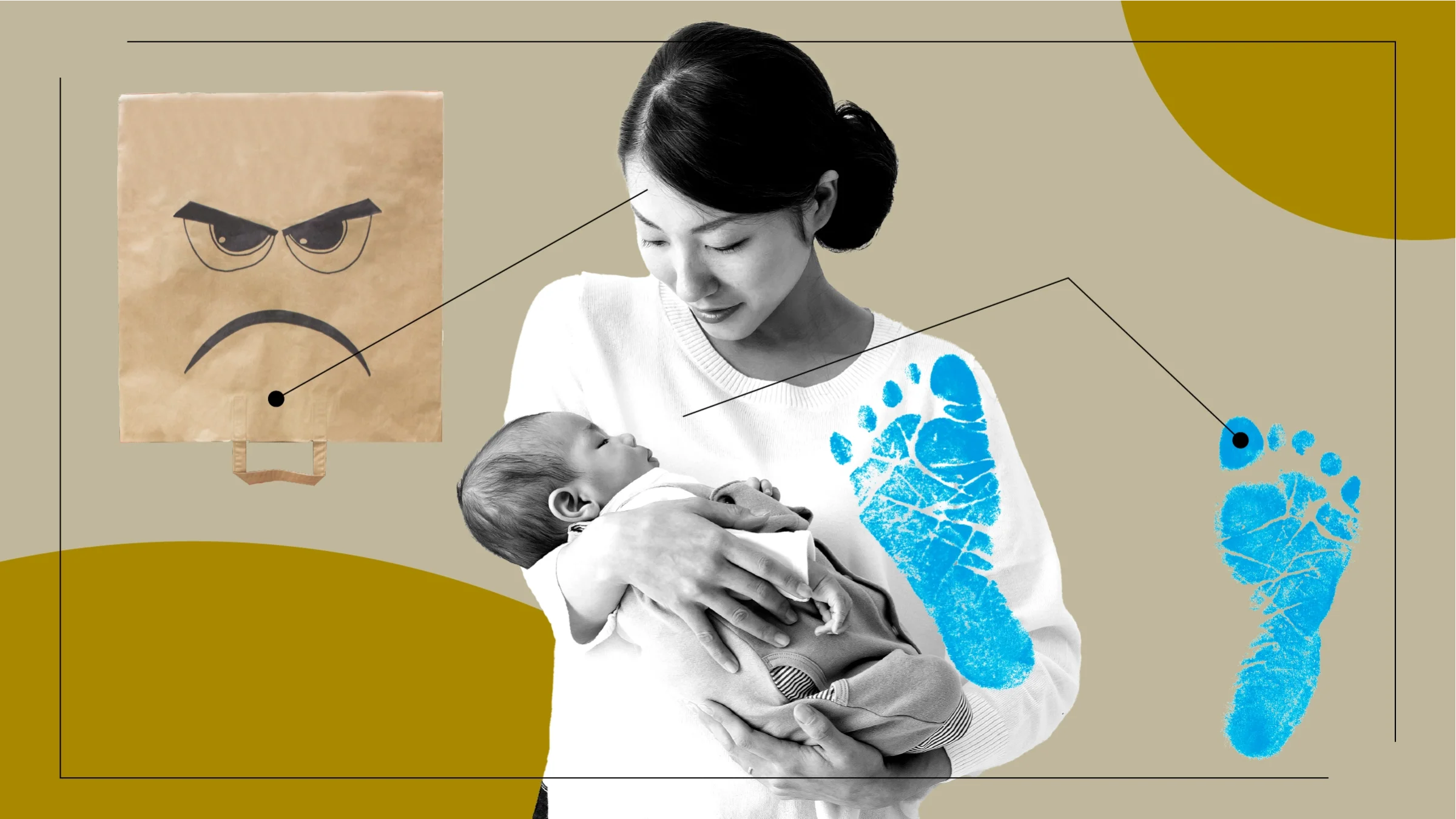 A graphic includes a portrait of a woman and baby and images that represent postpartum depression: an angry face on a paper bag and blue newborn footprints.