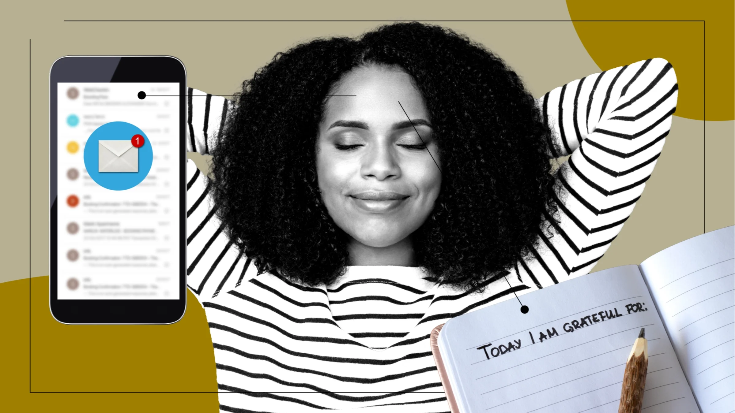 A graphic on improving sleep quality has images of a woman, an email notification on a phone, and a gratitude journal.