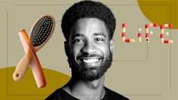 Tan background with a black-and-white cutout portrait of a smiling Black man. On either side of him are items representing Propecia. On the left side is a comb and a brush. On the right side are pills spelling out the word “LIFE.”
GoodRx Health
