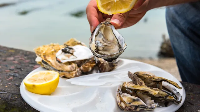 sexual-health: raw oysters plate with lemons-832137418