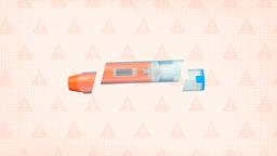In the center of a light orange background with texture and warning sign pattern is an EpiPen cut into thirds. 
GoodRx Health