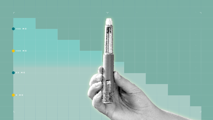 Light teal background with graph paper texture and representational step graph. In the center is a black and white cutout of a hand holding an injector pen. 