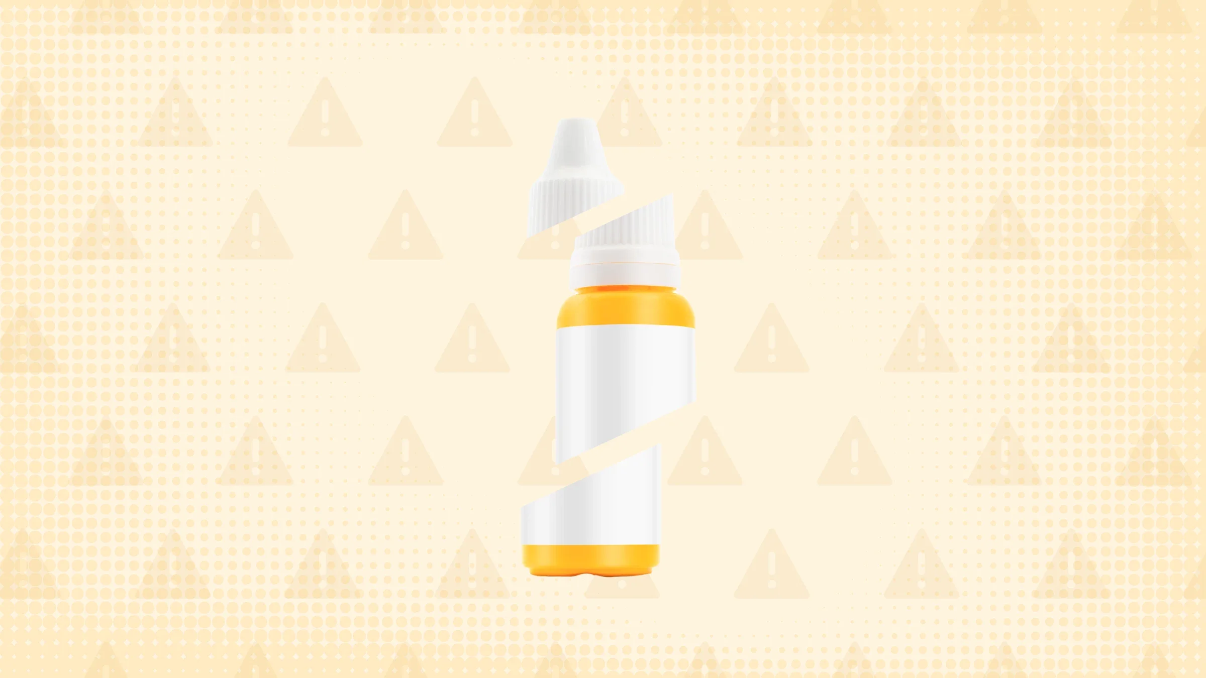 In the center of a light orange background with a texture and warning sign pattern is an orange-and-white eye dropper bottle cut into thirds. 
GoodRx Health