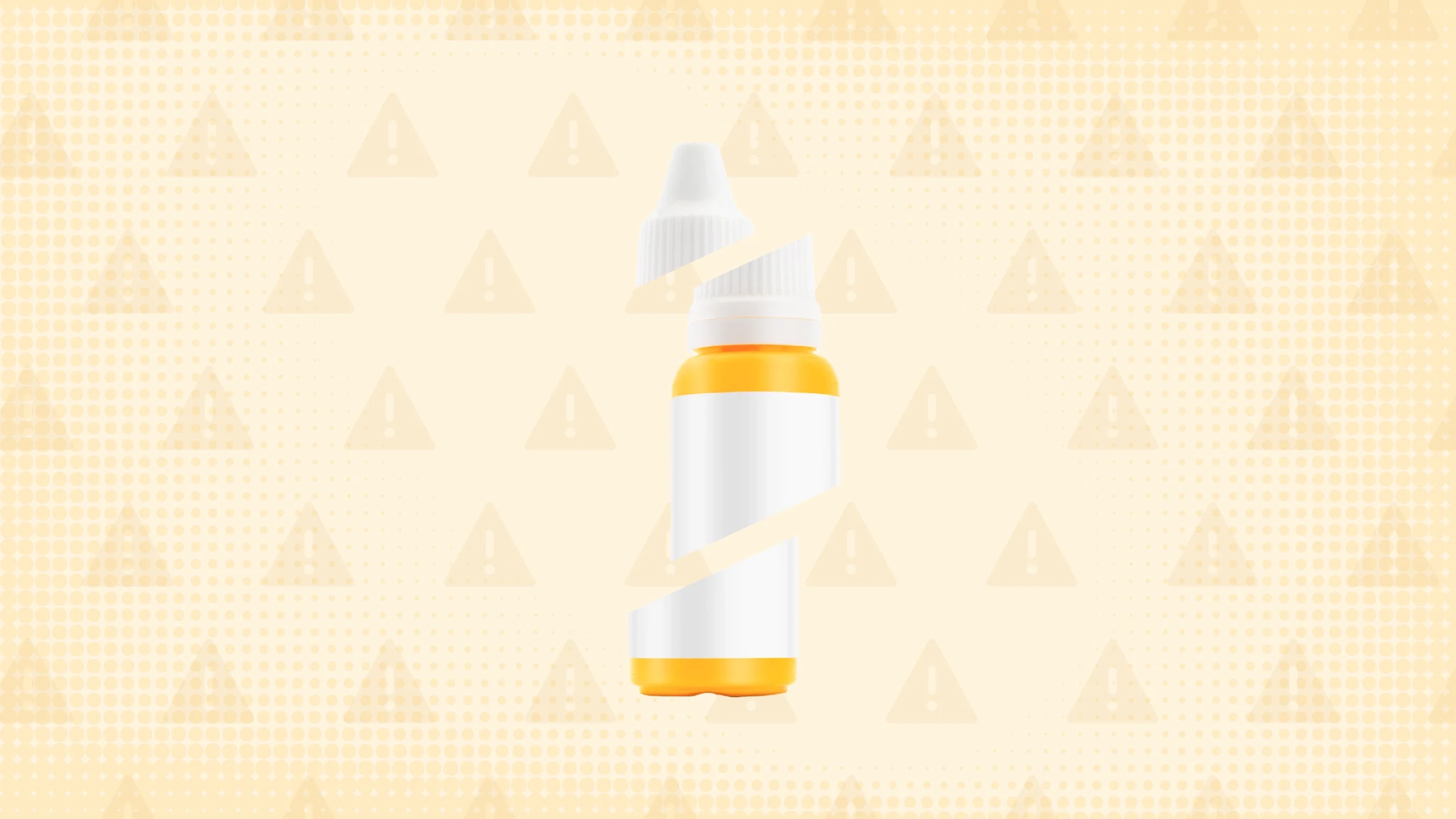 In the center of a light orange background with a texture and warning sign pattern is an orange-and-white eye dropper bottle cut into thirds. 