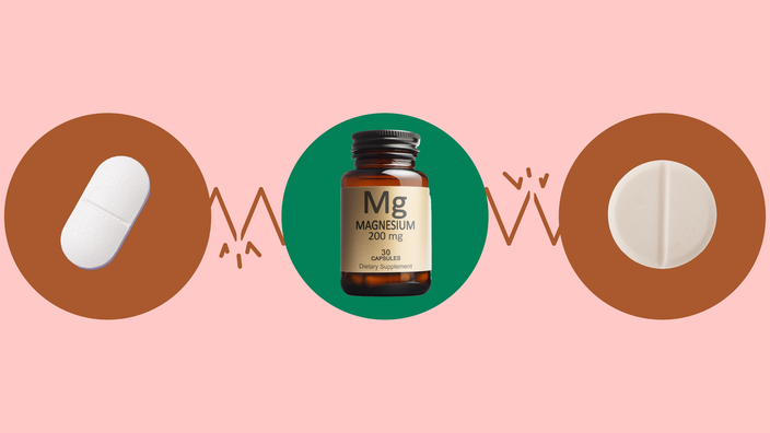 Light-red background with three circles across the frame. In the center, on a green circle, is a brown glass vitamin bottle labeled “Magnesium.” On the left, on a red circle, is a single oblong white pill. On the right, on a red circle, is a single round white pill.