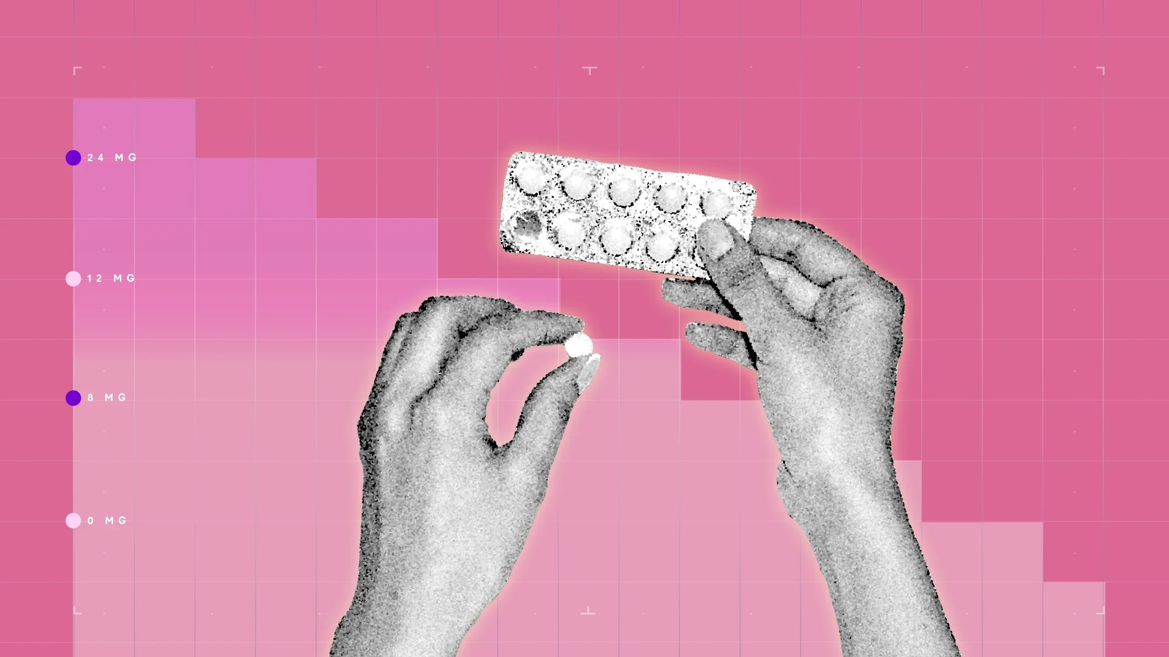 Bright pink background with graph paper texture and representational step graph. In the center is a black-and-white cutout of hands holding a blister pack of pills with a single pill taken out. 
GoodRx Health