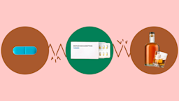 Light-red background with three circles across the frame. In the center, on a green circle, is a box labeled “benzodiazepine 10 mg” with a blister pack of pills. On the left, on a brown circle, is a single oblong blue pill. On the right, on a red circle, is a bottle of brown liquor and a rocks glass. 
GoodRx Health