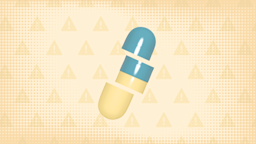 Light-yellow background with a warning sign pattern and textures. In the center is a pastel teal-and-yellow capsule cut into thirds.
GoodRx Health