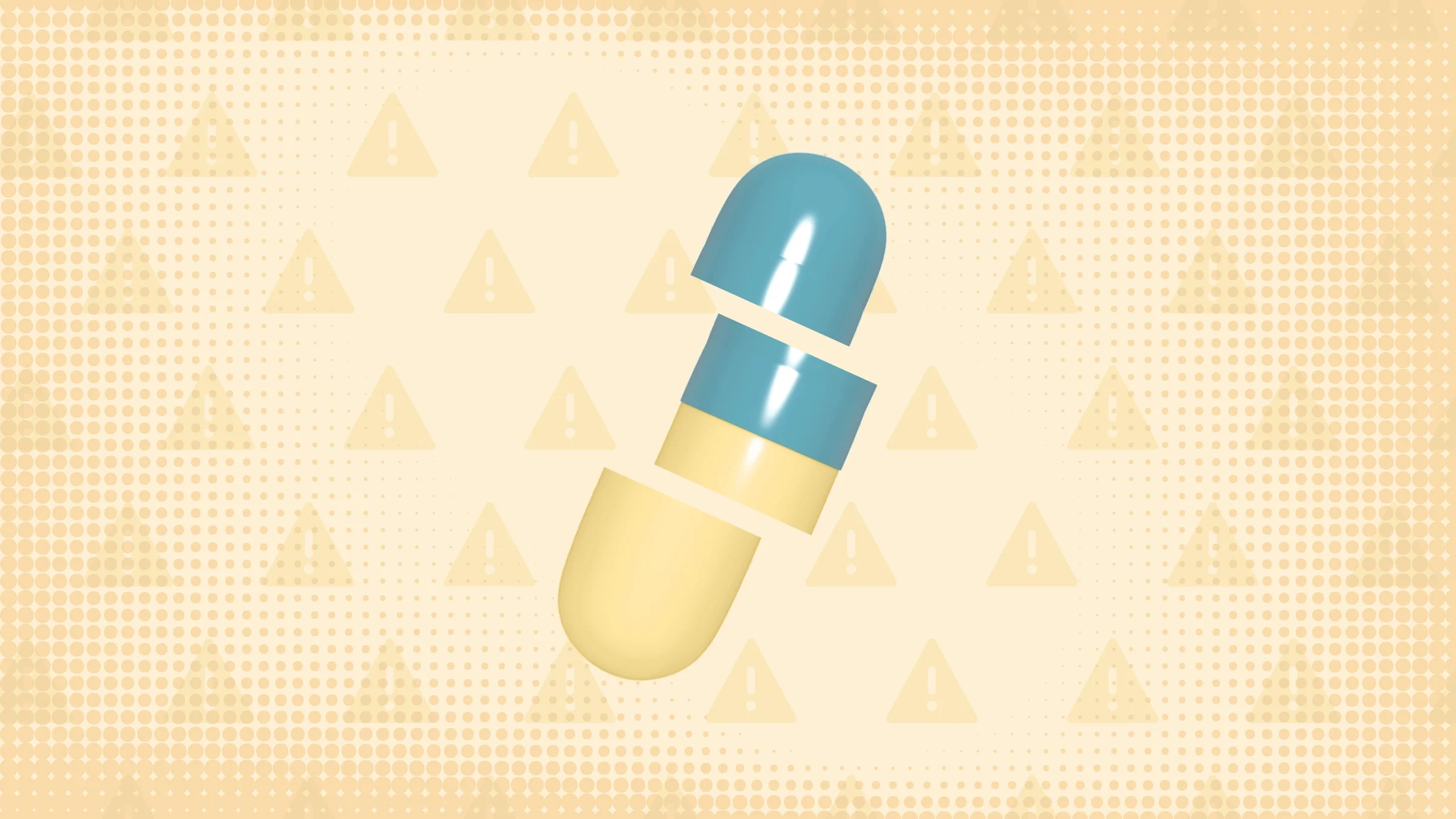Light-yellow background with a warning sign pattern and textures. In the center is a pastel teal-and-yellow capsule cut into thirds.