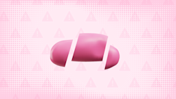 In the center pink background with texture and warning sign pattern is a smooth pink pill cut into thirds. 
GoodRx Health
