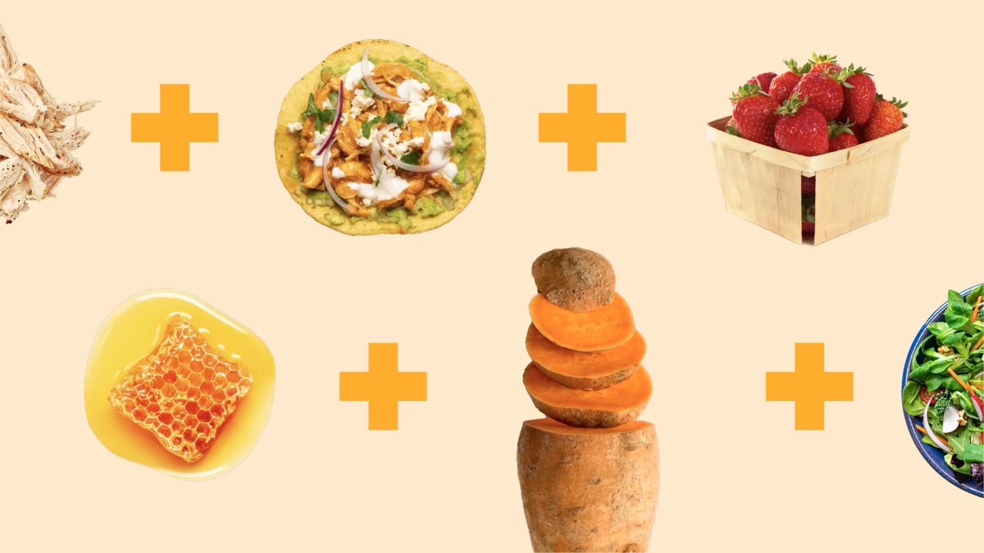 Light yellow background with different rheumatoid arthritis acceptable foods separated by yellow plus signs. Top row (from left to right): shredded chicken, tostada, and strawberries. Bottom row (left to right): honeycomb, sweet potato, and a salad.