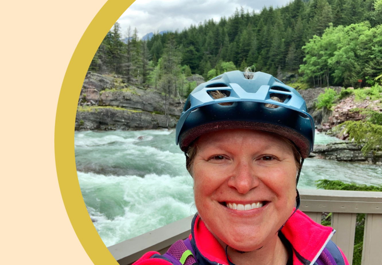 Emily Huff is pictured in a selfie, wearing a bicycle helmet.