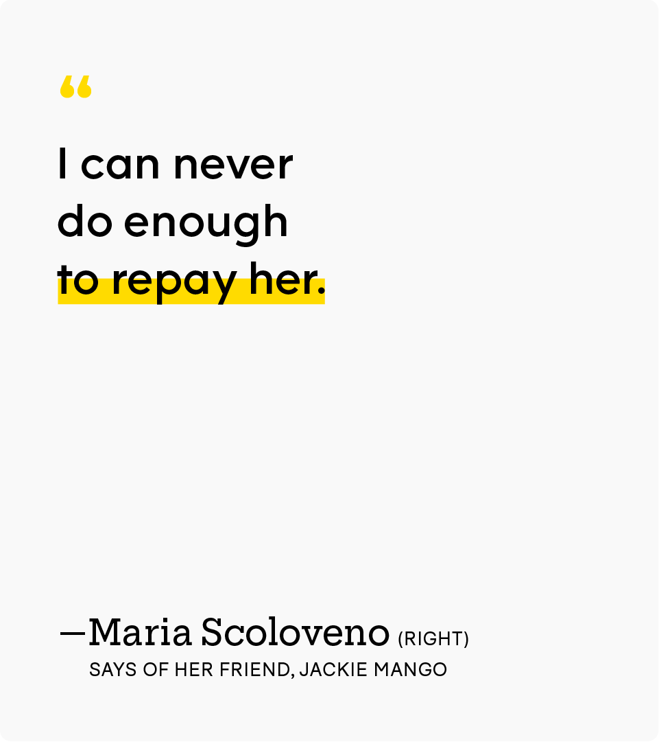 “I can never do enough to repay her.” — Maria Scoloveno (right) says of her friend, Jackie Mango